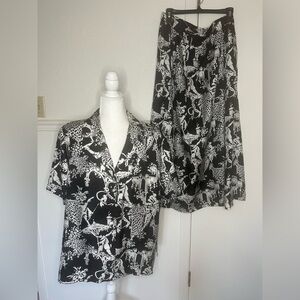 Ann May Black and White Silk Shirt and Skirt Set size 16